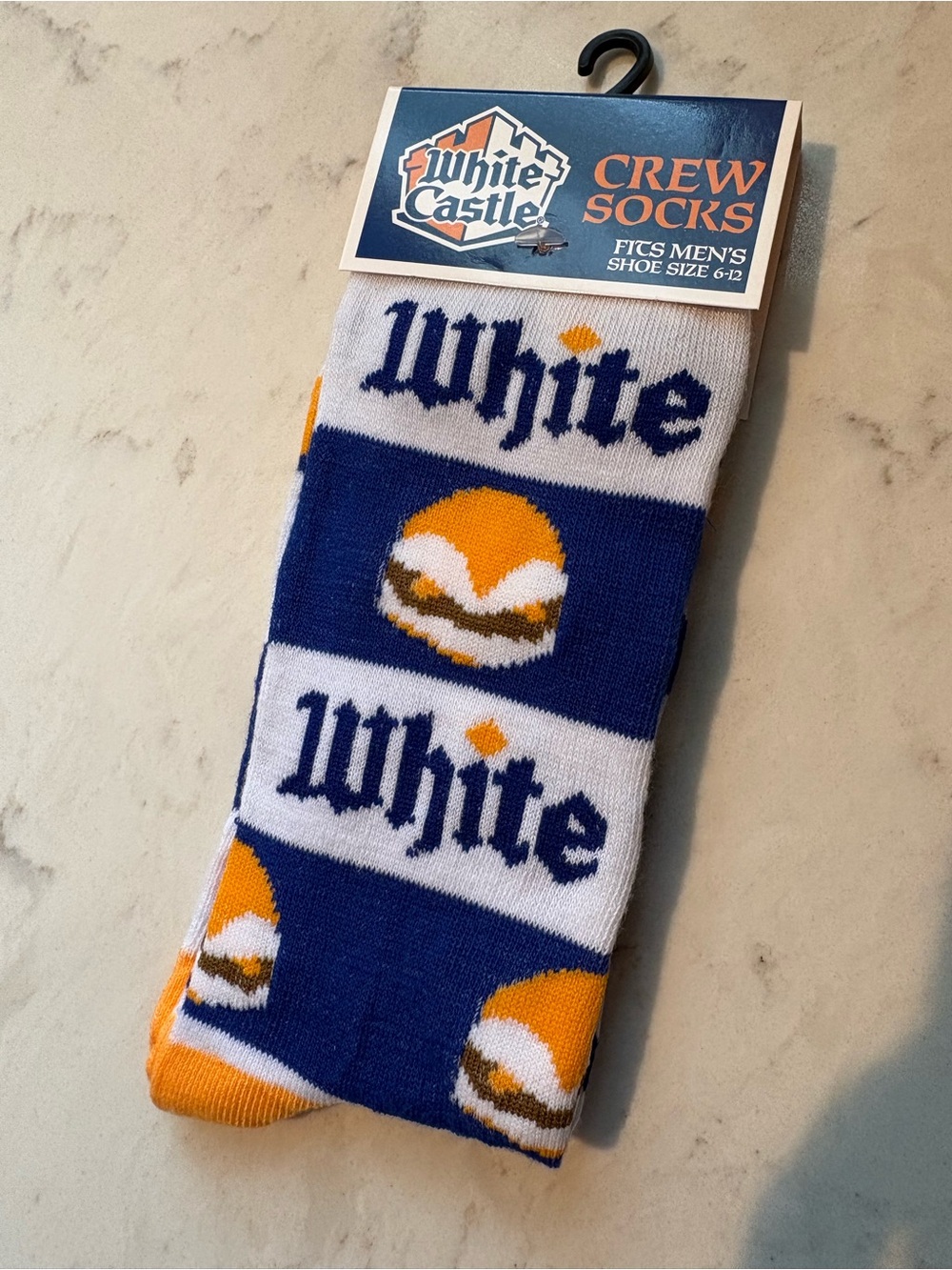 White Castle “Slider” Crew Socks – Blue & White Burger Print Novelty Socks